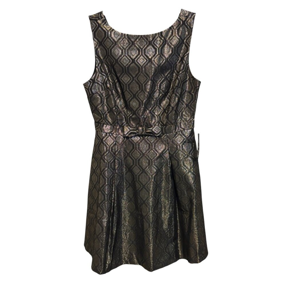 ModCloth Fit and Flare Metallic Black Gold Sleeveless Bow Front Dress